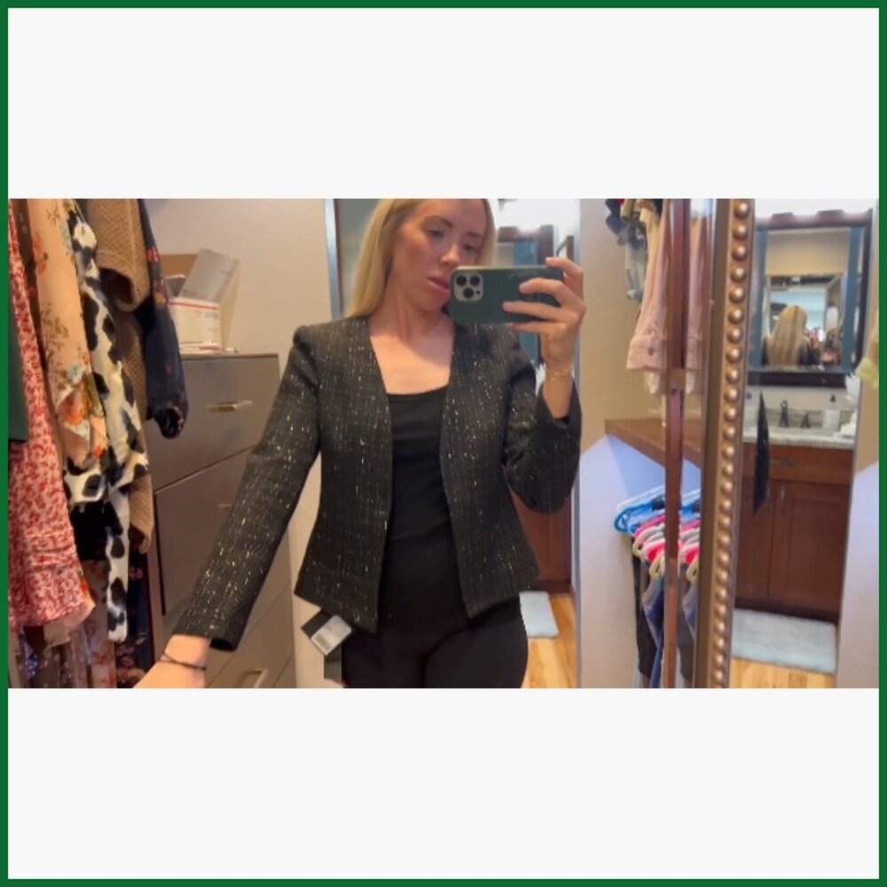 Tweed Blazer Jacket Collarless Open Front Slim Fit Business Casual - Picture 7 of 7